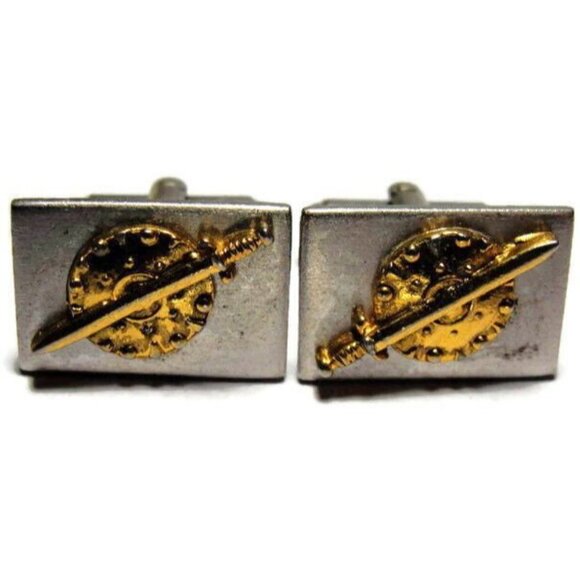 Sword & Shield Silver Tone Gold T Cufflinks Tux Shirt Dress Suit Vintage Shields - Picture 2 of 11